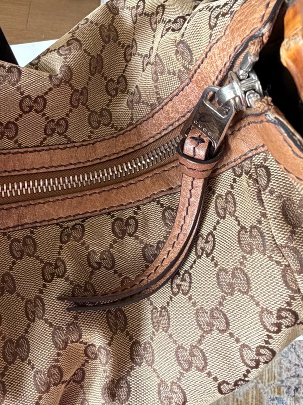 Gucci GG Canvas Bamboo Hobo Bag Brown Leather Braided Strap - Picture 9 of 12